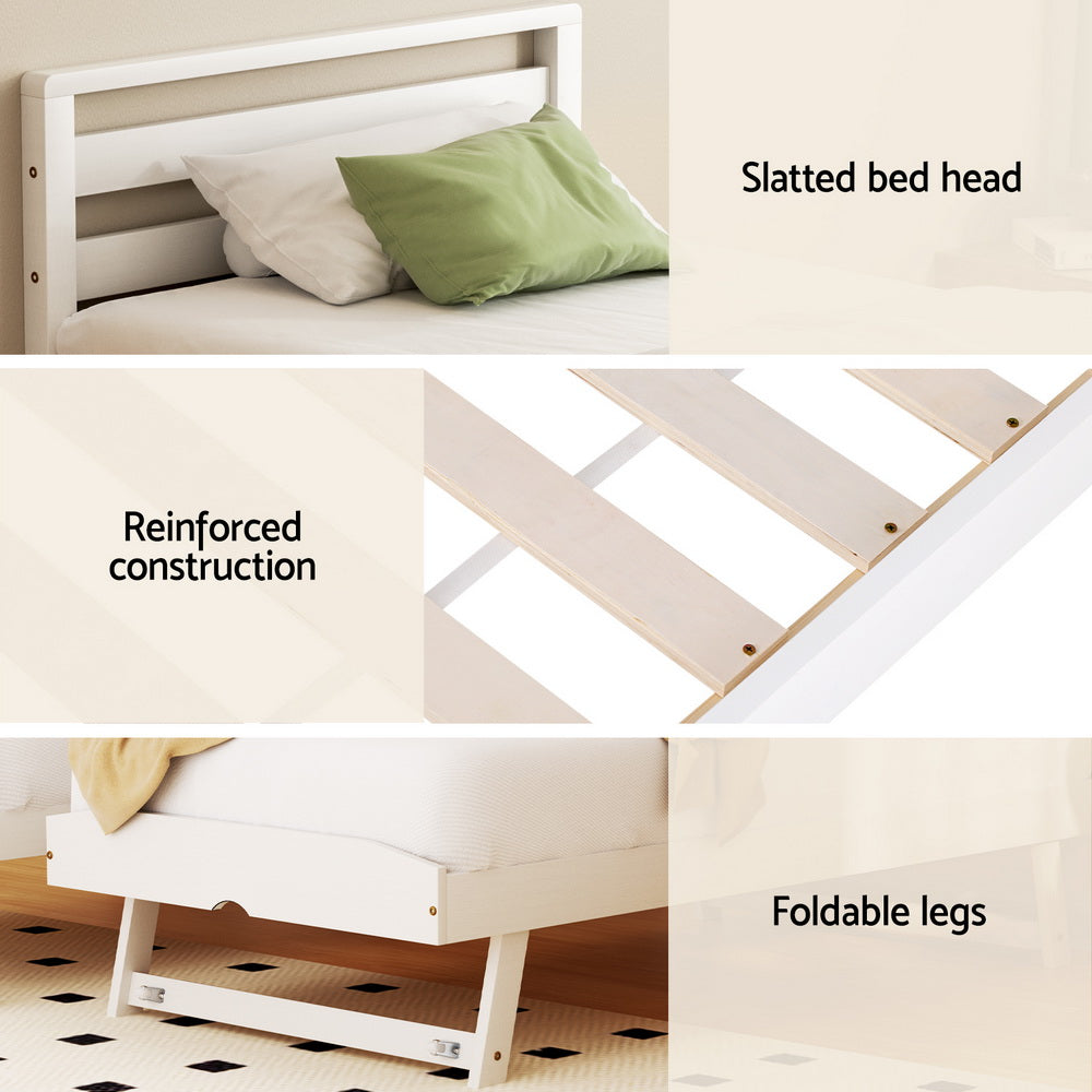 Artiss Bed Frame Single Size 2-in-1 Trundle Wooden White AVIS - TRENDZ