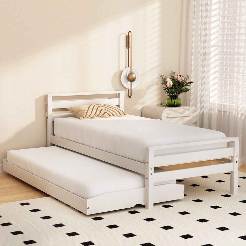 Artiss Bed Frame Single Size 2-in-1 Trundle Wooden White AVIS - TRENDZ
