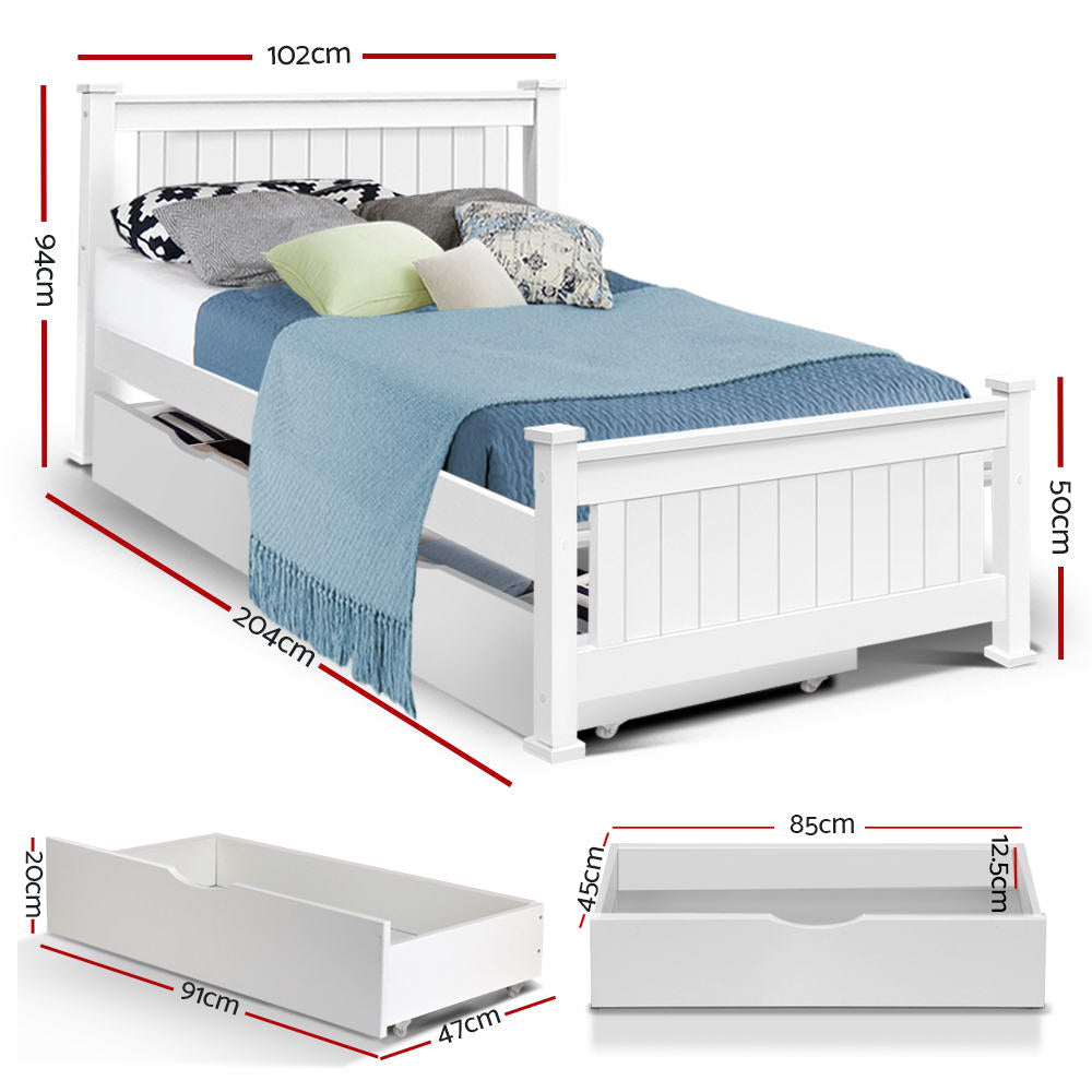 Artiss Bed Frame Single Size Wooden with 2 Drawers White RIO - TRENDZ