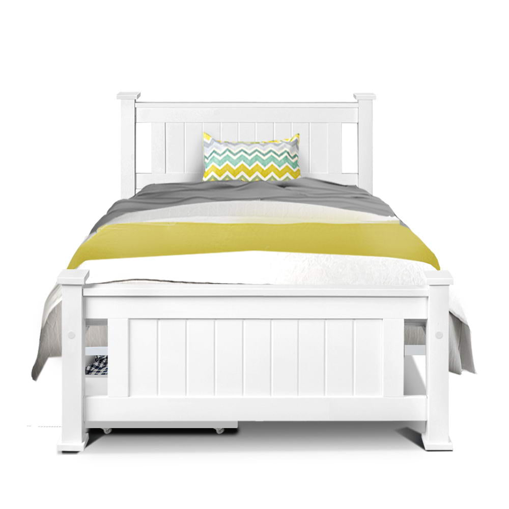 Artiss Bed Frame Single Size Wooden with 2 Drawers White RIO - TRENDZ