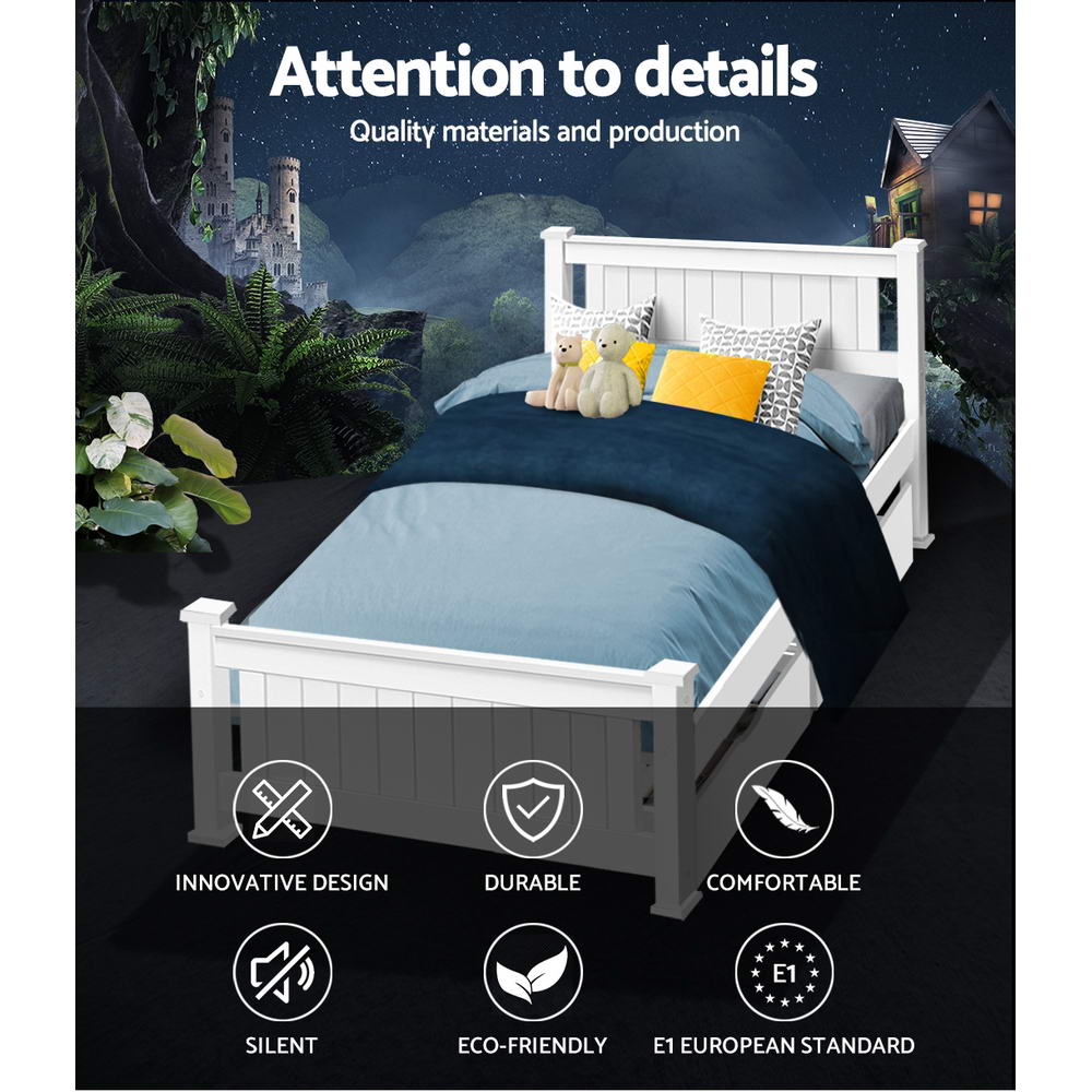 Artiss Bed Frame Single Size Wooden with 2 Drawers White RIO - TRENDZ