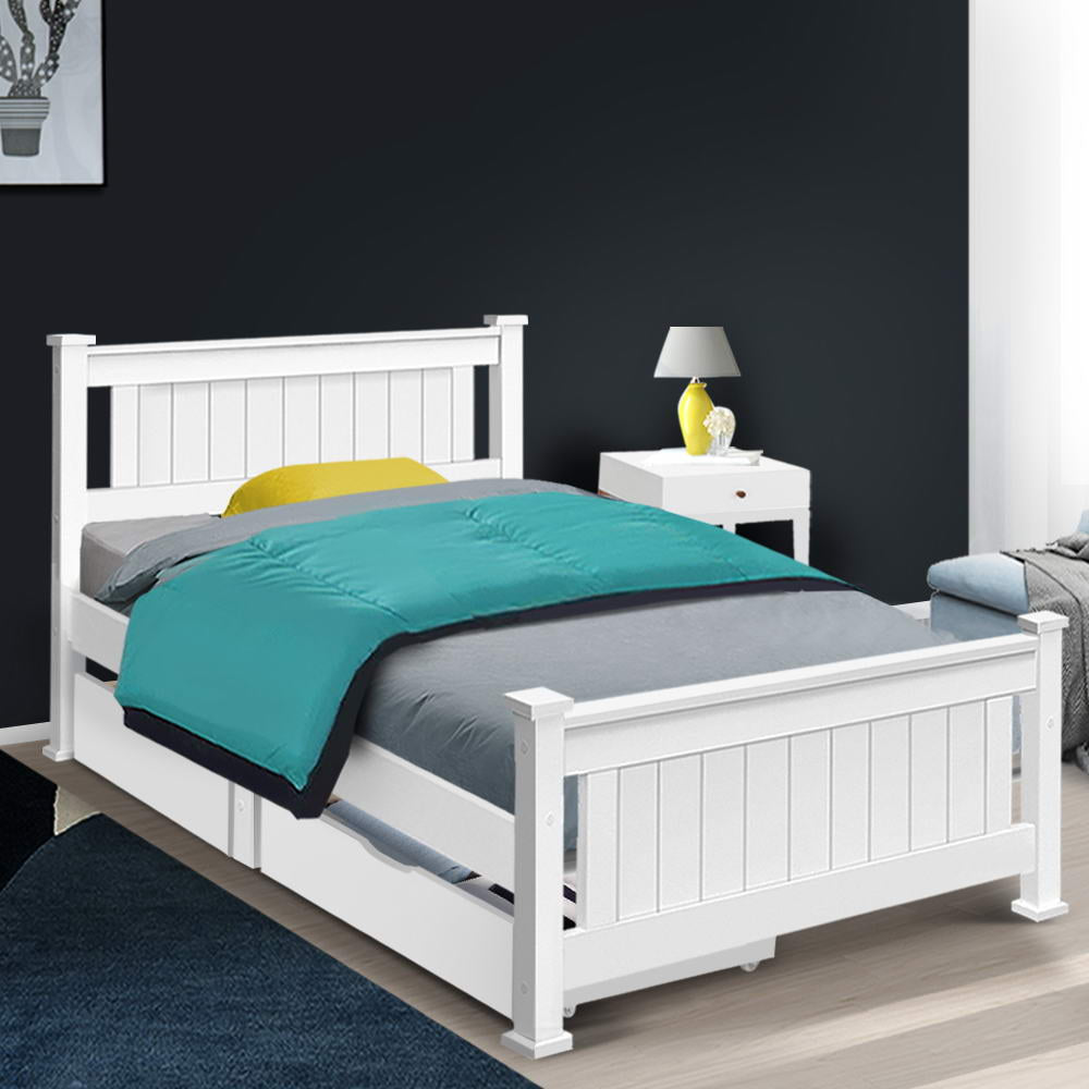 Artiss Bed Frame Single Size Wooden with 2 Drawers White RIO - TRENDZ