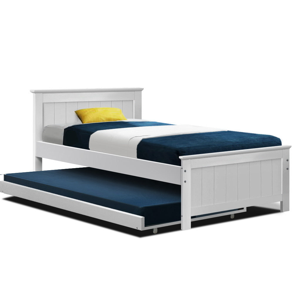 Artiss Bed Frame King Single Size Wooden Trundle Daybed White ELVIS - TRENDZ