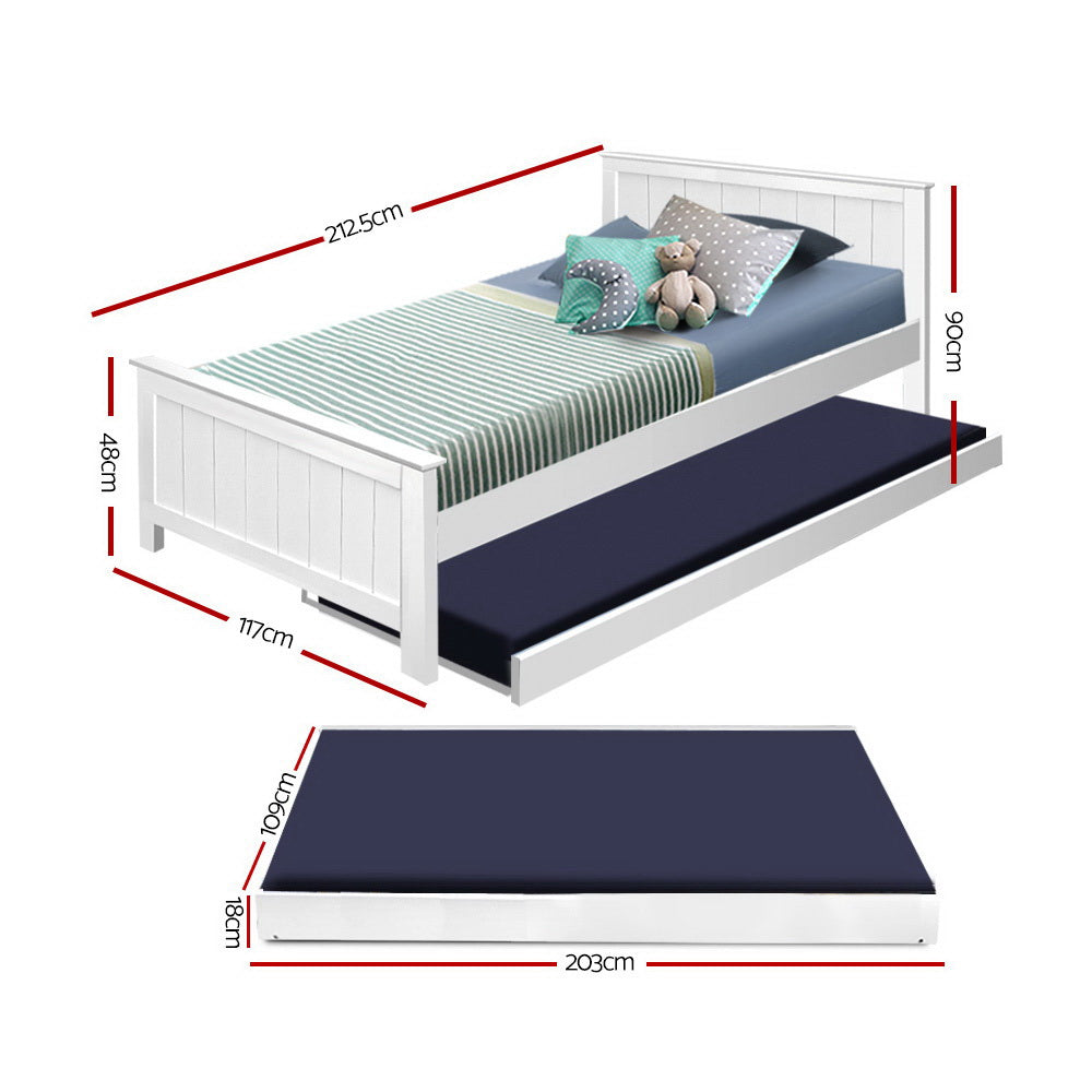 Artiss Bed Frame King Single Size Wooden Trundle Daybed White ELVIS - TRENDZ