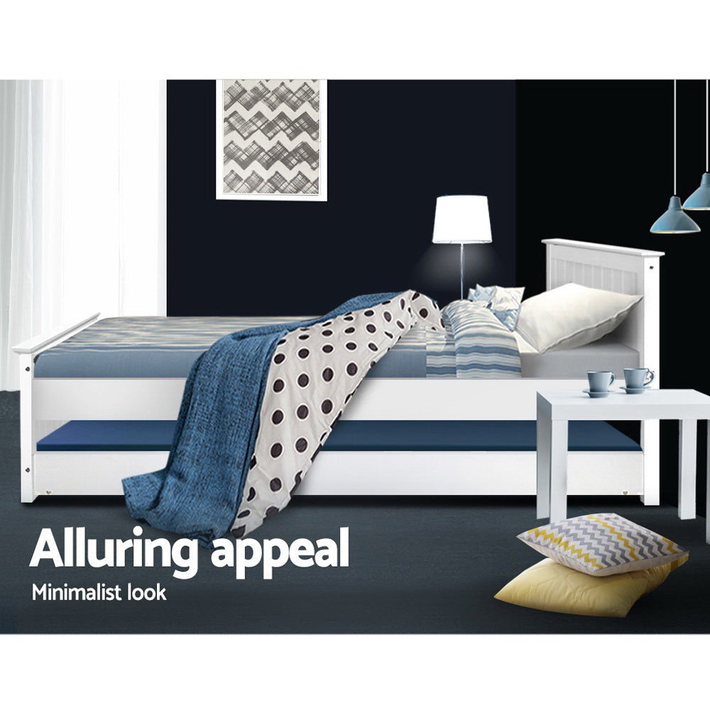Artiss Bed Frame King Single Size Wooden Trundle Daybed White ELVIS - TRENDZ
