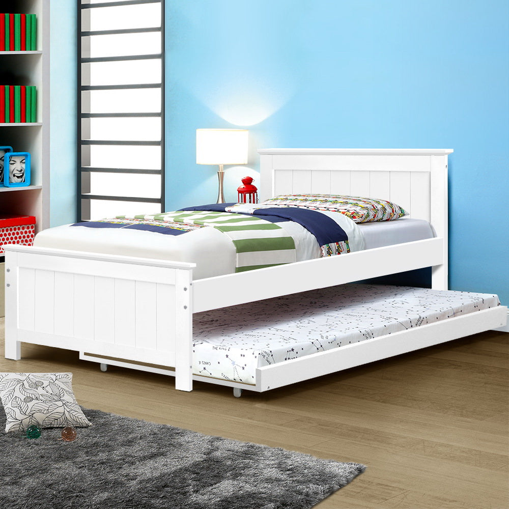 Artiss Bed Frame King Single Size Wooden Trundle Daybed White ELVIS - TRENDZ