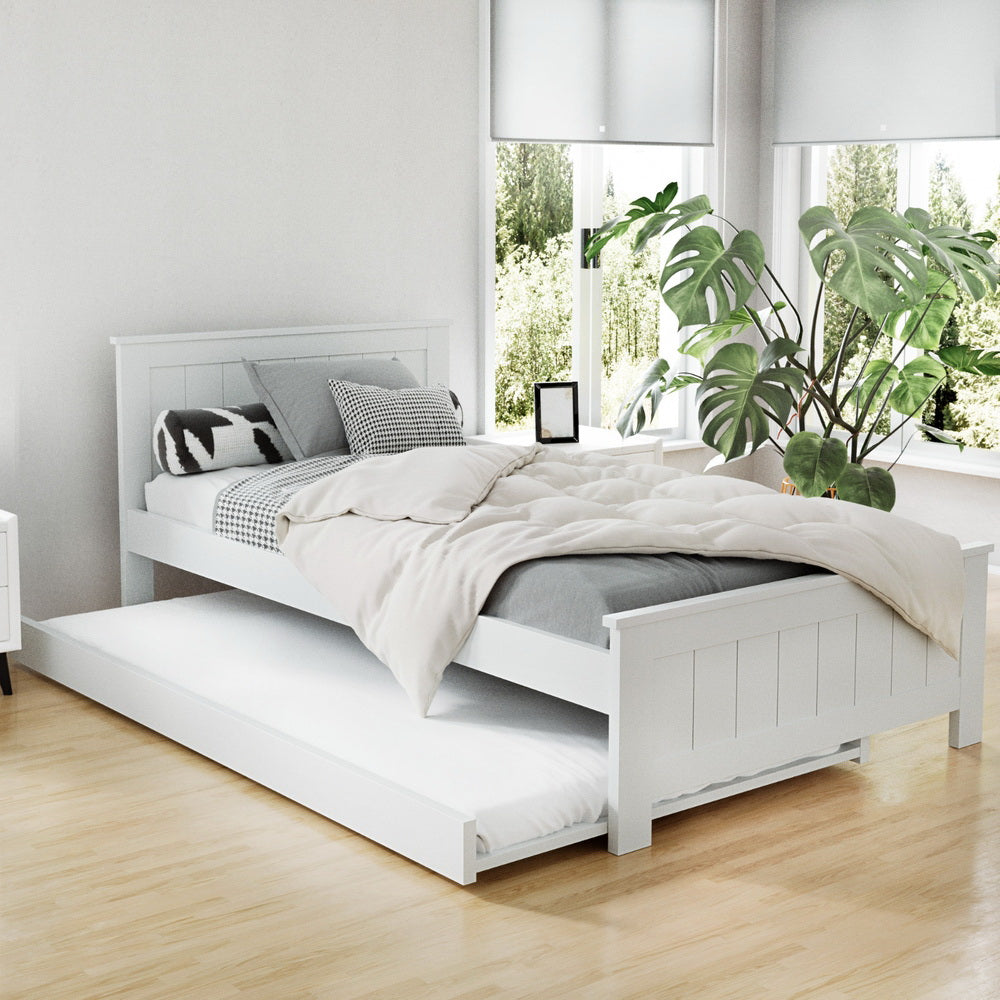 Artiss Bed Frame King Single Size Wooden Trundle Daybed White ELVIS - TRENDZ