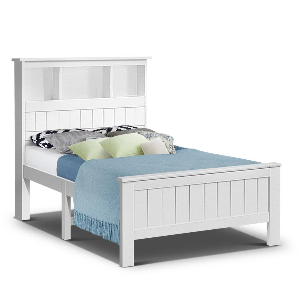 Artiss Bed Frame King Single Size Wooden with 3 Shelves Bed Head White - TRENDZ