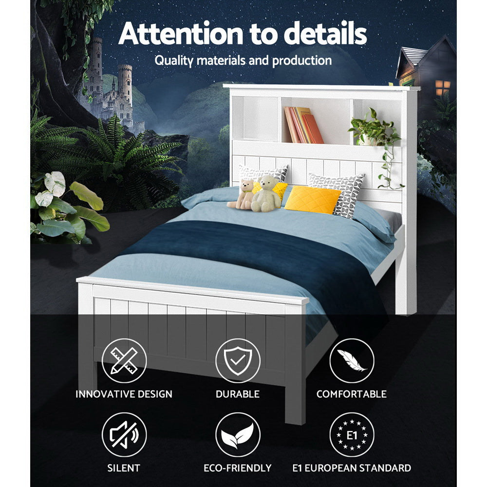 Artiss Bed Frame King Single Size Wooden with 3 Shelves Bed Head White - TRENDZ