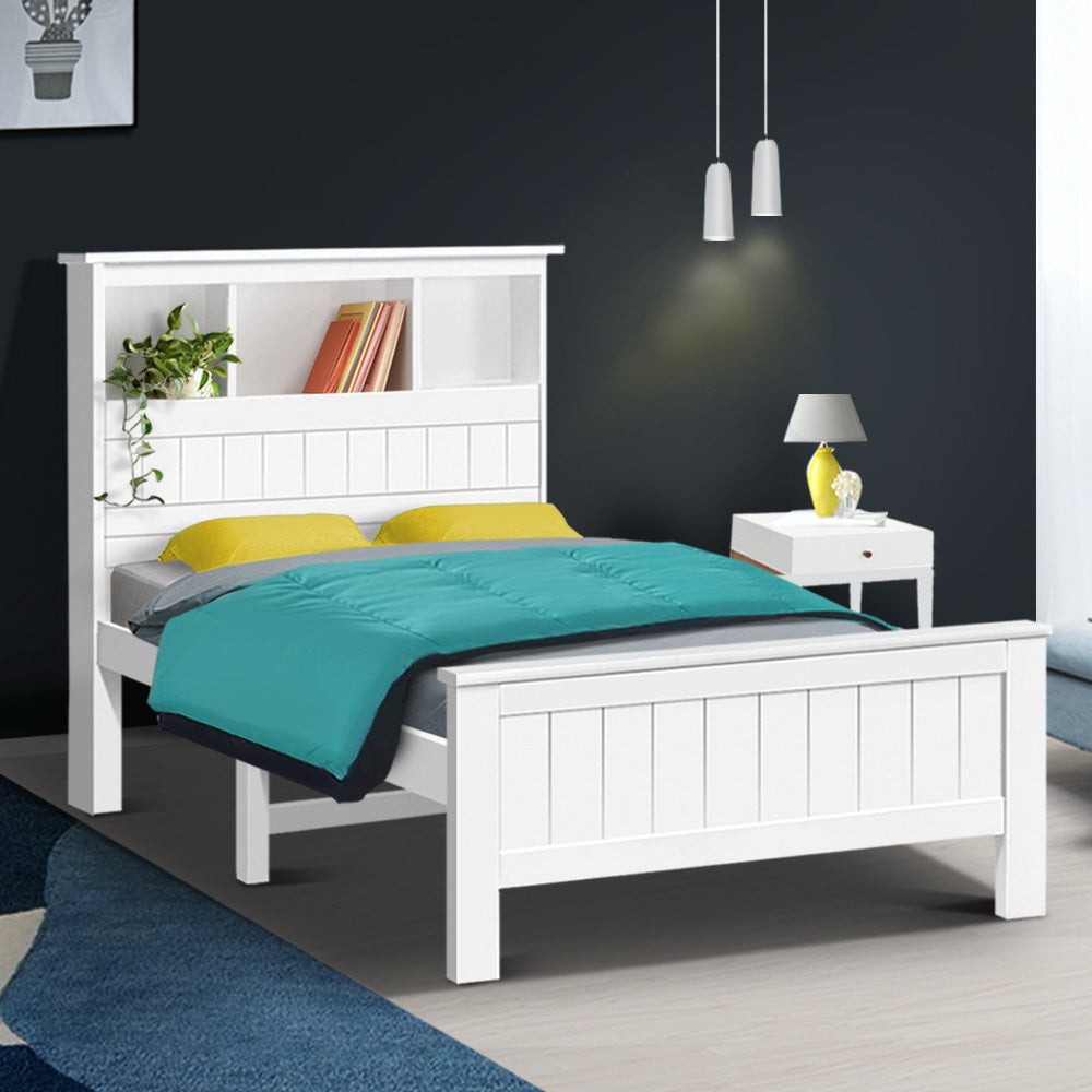 Artiss Bed Frame King Single Size Wooden with 3 Shelves Bed Head White - TRENDZ