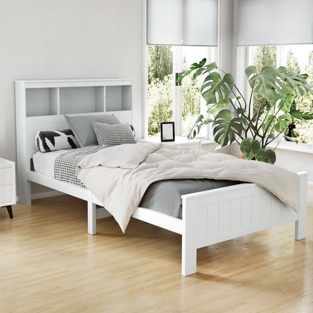 Artiss Bed Frame King Single Size Wooden with 3 Shelves Bed Head White - TRENDZ