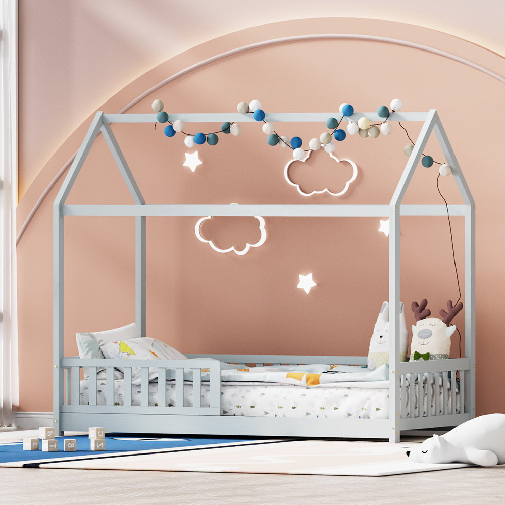 Artiss Bed Frame Wooden Kids House Frame Grey ROCK - TRENDZ