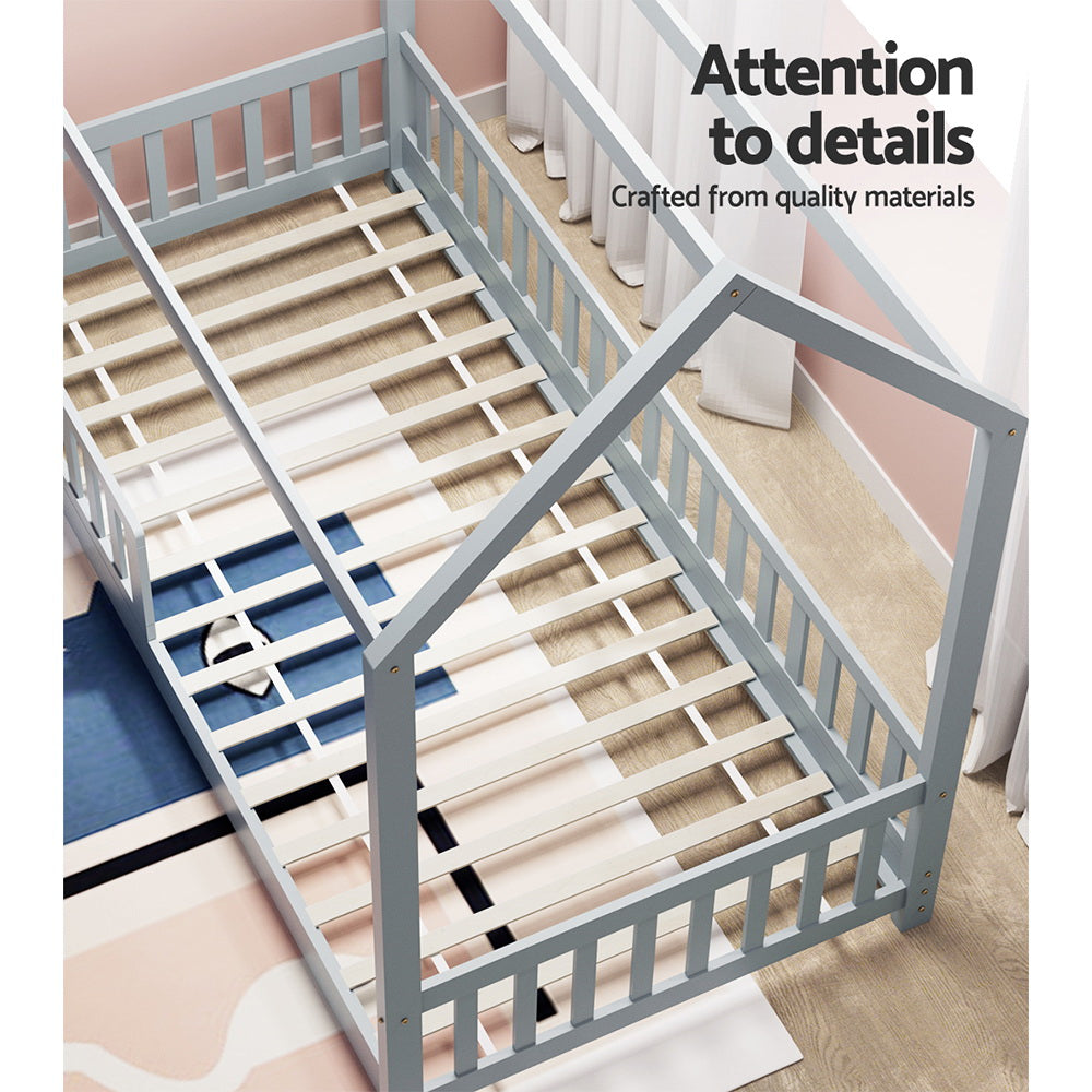 Artiss Bed Frame Wooden Kids House Frame Grey ROCK - TRENDZ