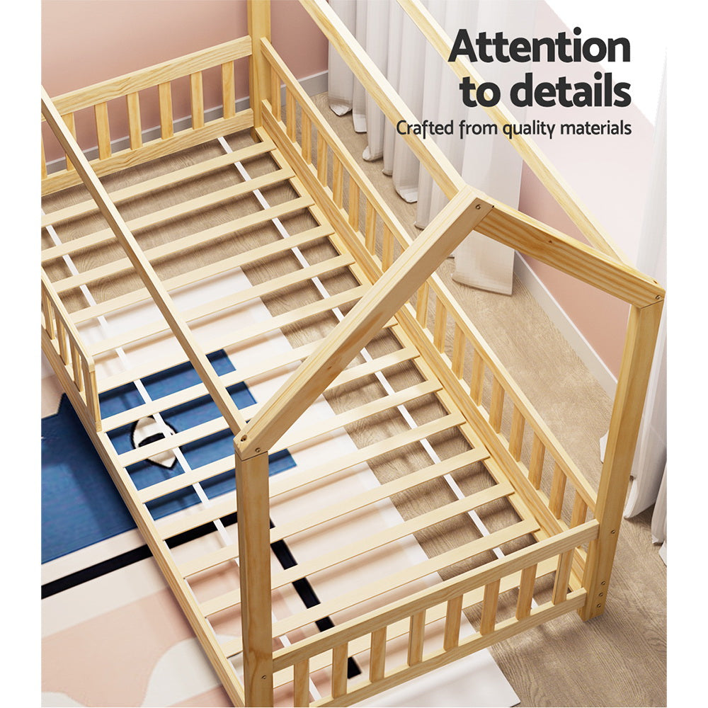 Artiss Bed Frame Wooden Kids House Frame Oak ROCK - TRENDZ
