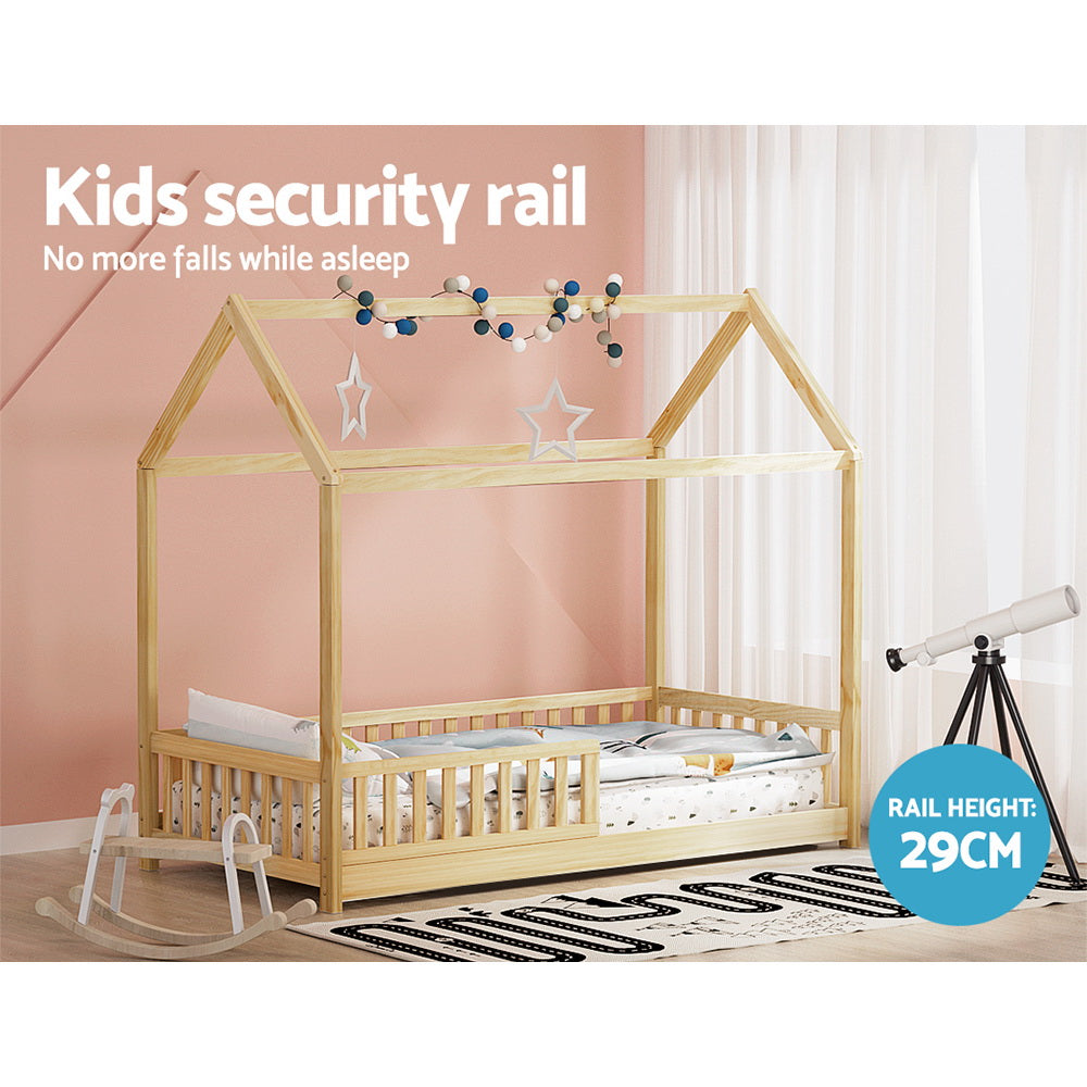 Artiss Bed Frame Wooden Kids House Frame Oak ROCK - TRENDZ