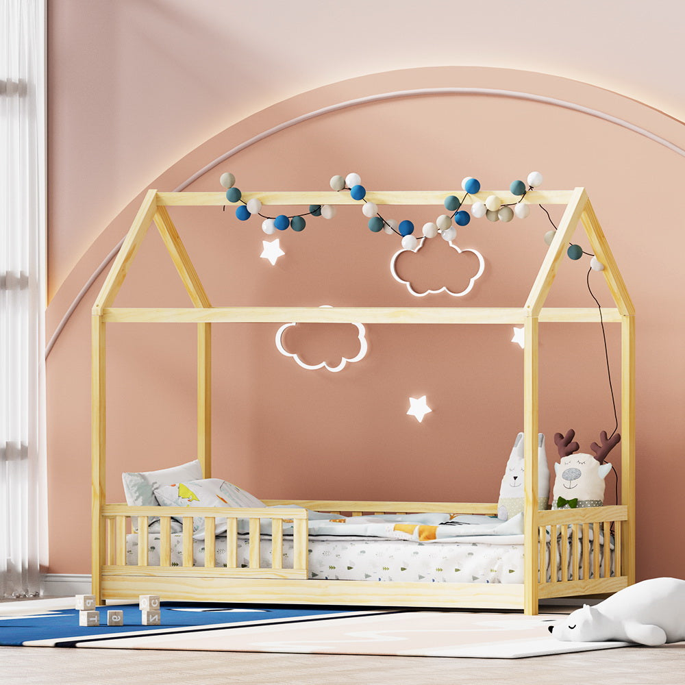 Artiss Bed Frame Wooden Kids House Frame Oak ROCK - TRENDZ