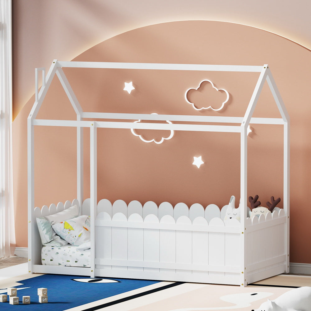 Artiss Bed Frame Wooden Kids House Single Frame White KORI - TRENDZ