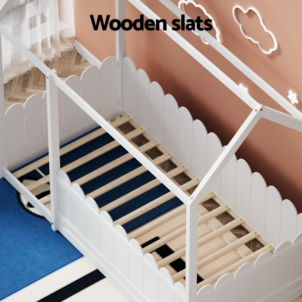 Artiss Bed Frame Wooden Kids House Single Frame White KORI - TRENDZ
