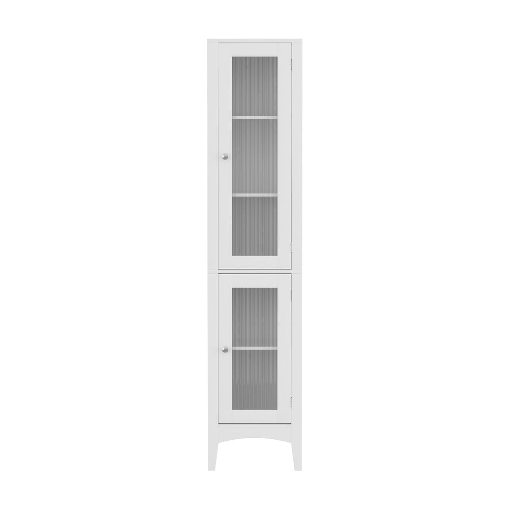 TRENDZ narrow storage cupboard for small bathrooms in white with two glass-paneled doors and shelves