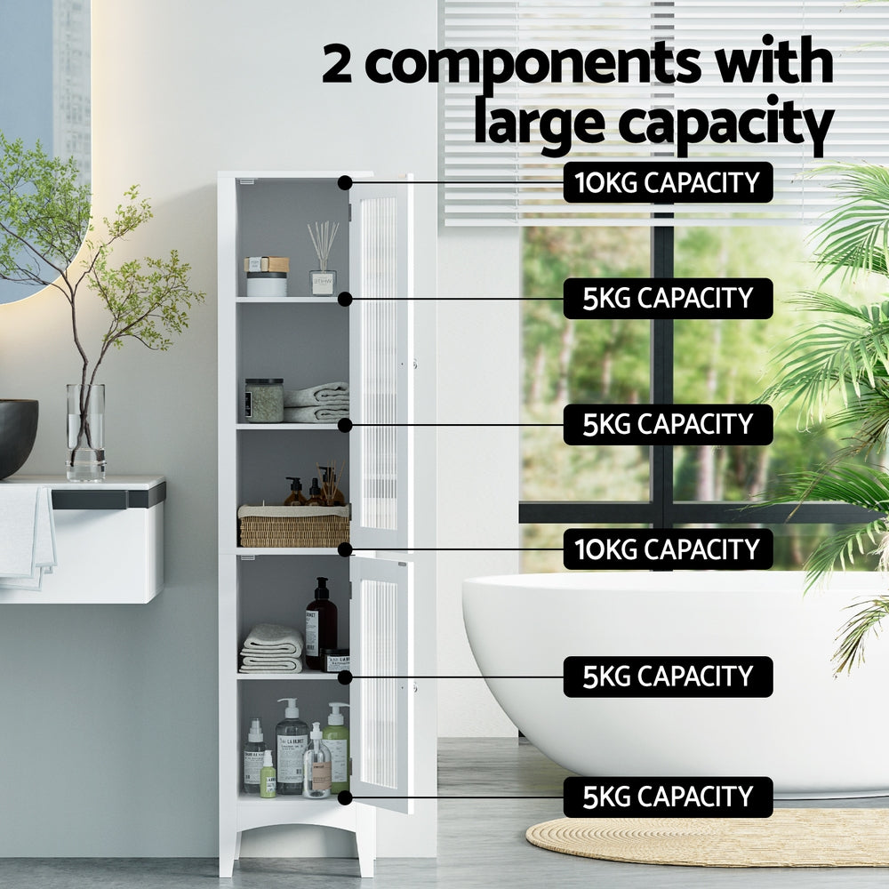 TRENDZ narrow storage cupboard for small bathrooms with two components and multiple shelves showing capacity labels