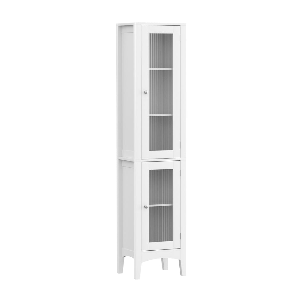 TRENDZ white narrow storage cupboard for small bathrooms with two glass-paneled doors and shelves