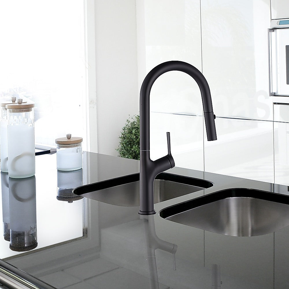 Matte black pull-out kitchen mixer tap with high-arc neck and spray head, designed for modern kitchens and laundries.