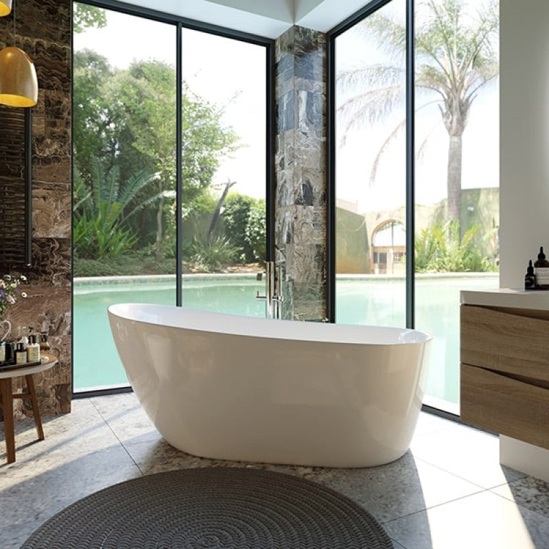 Sleek white freestanding acrylic bathtub with chrome pop-up waste, made from durable PMMA and fibreglass with built-in metal support frame and adjustable legs.