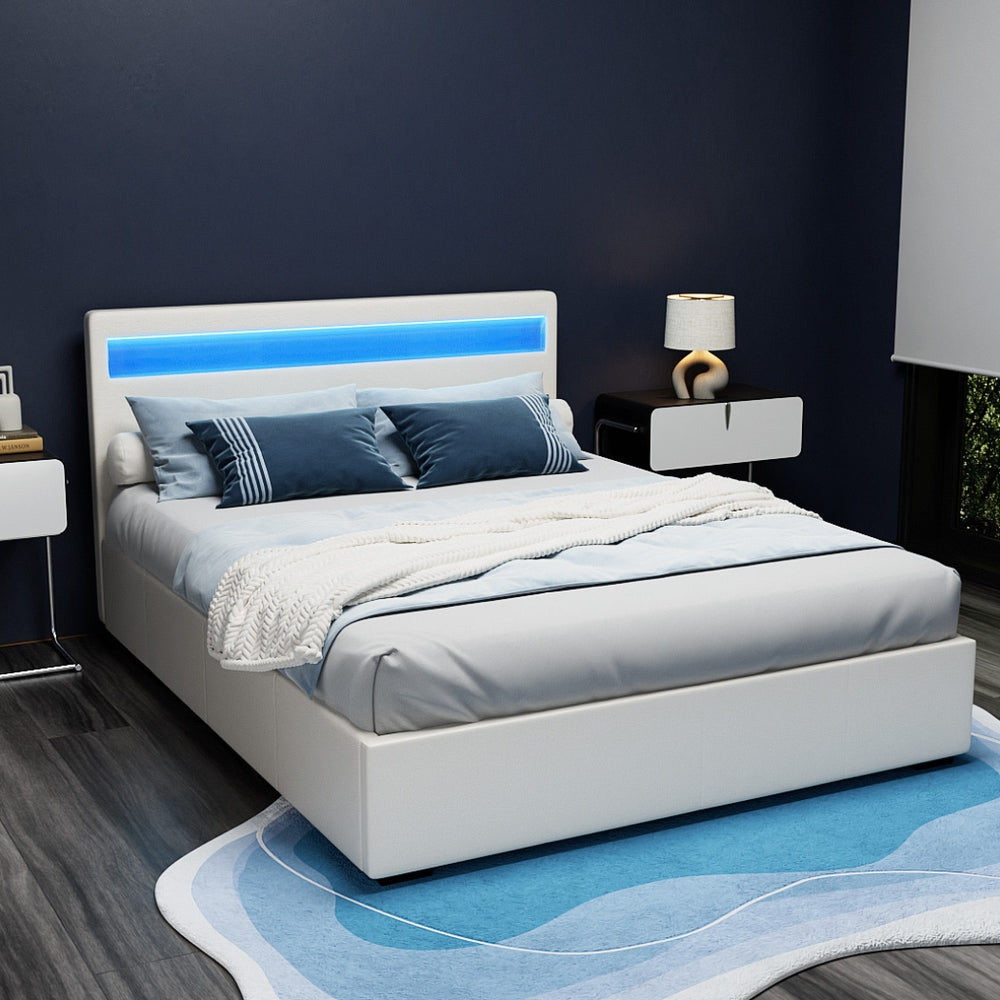Artiss Bed Frame Queen Size LED Gas Lift White COLE - TRENDZ