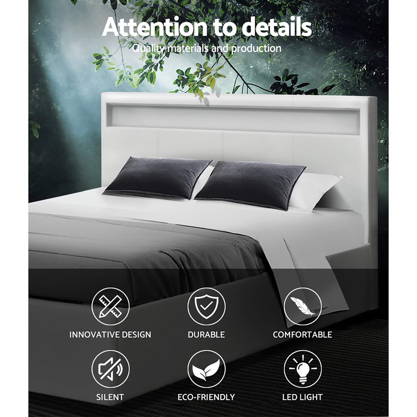 Artiss Bed Frame Queen Size LED Gas Lift White COLE - TRENDZ