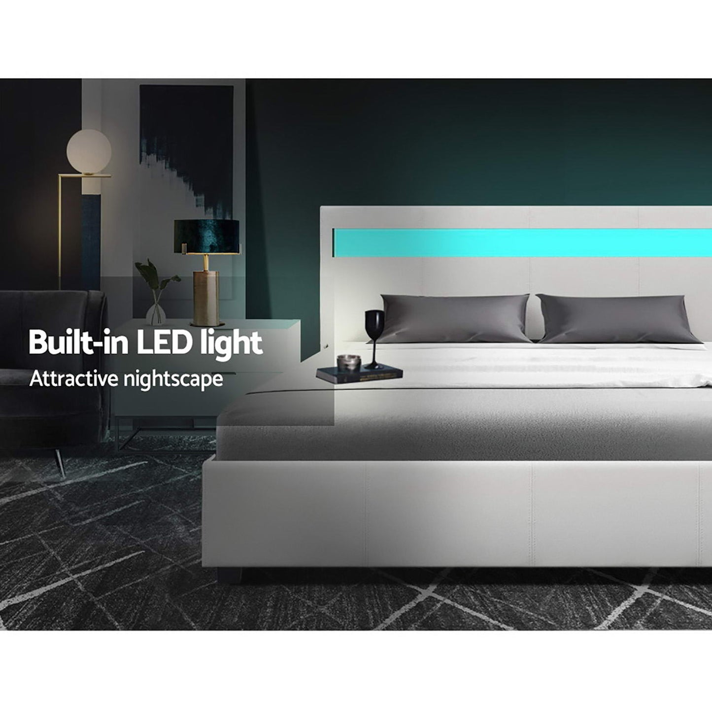 Artiss Bed Frame Queen Size LED Gas Lift White COLE - TRENDZ
