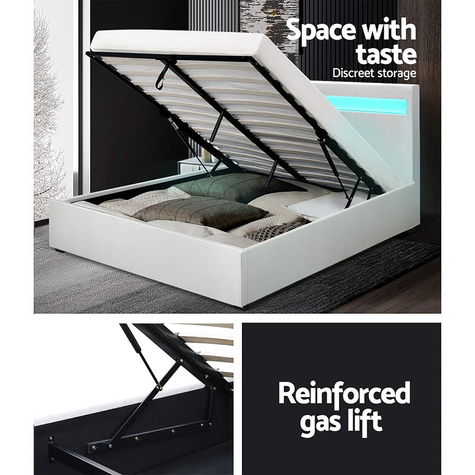 Artiss Bed Frame Queen Size LED Gas Lift White COLE - TRENDZ