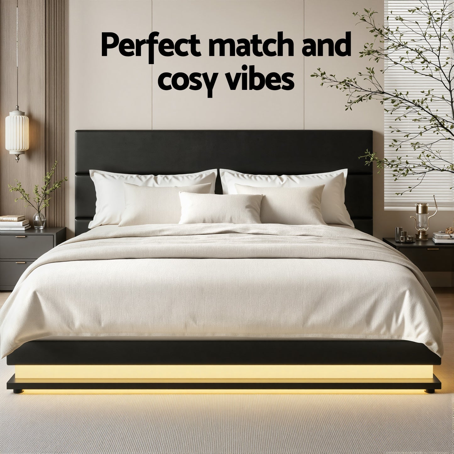 Artiss Bed Frame Queen Size LED Gas Lift Black LUMI