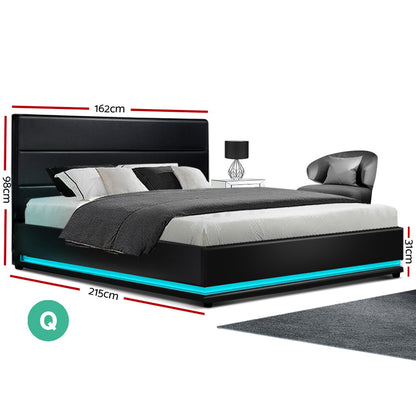 Artiss Bed Frame Queen Size LED Gas Lift Black LUMI - TRENDZ