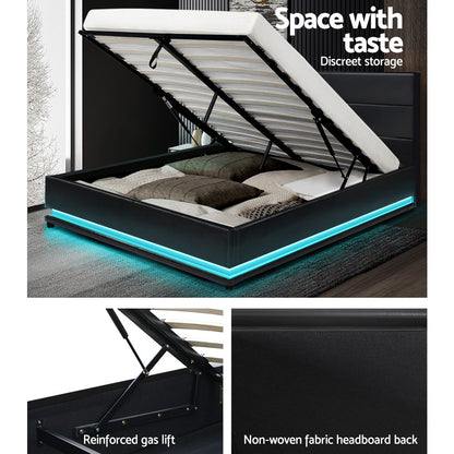 Artiss Bed Frame Queen Size LED Gas Lift Black LUMI - TRENDZ