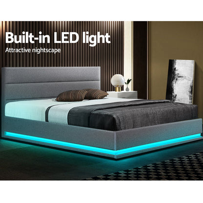 Artiss Bed Frame Queen Size LED Gas Lift Grey LUMI - TRENDZ