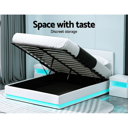 Artiss Bed Frame Queen Size LED Gas Lift White LUMI - TRENDZ