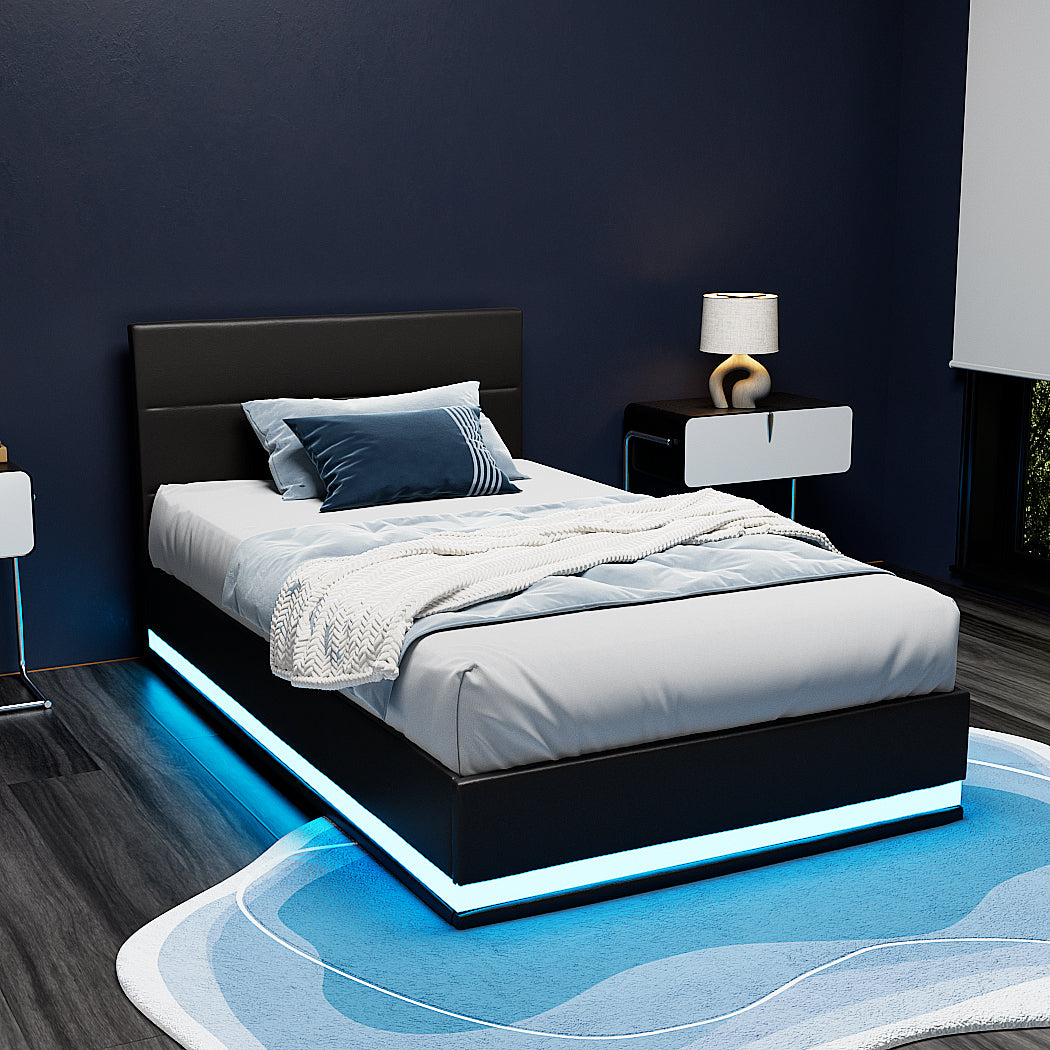 Artiss Bed Frame King Single Size LED Gas Lift Black LUMI - TRENDZ