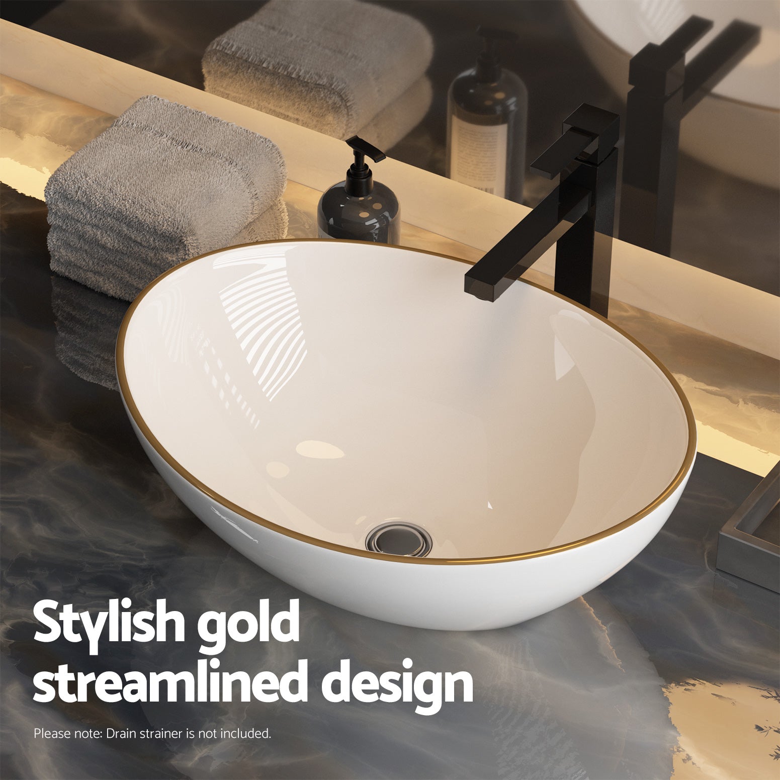 Cefito Bathroom Basin Ceramic Vanity Sink Hand Wash Bowl Gold Line 41x34cm - TRENDZ