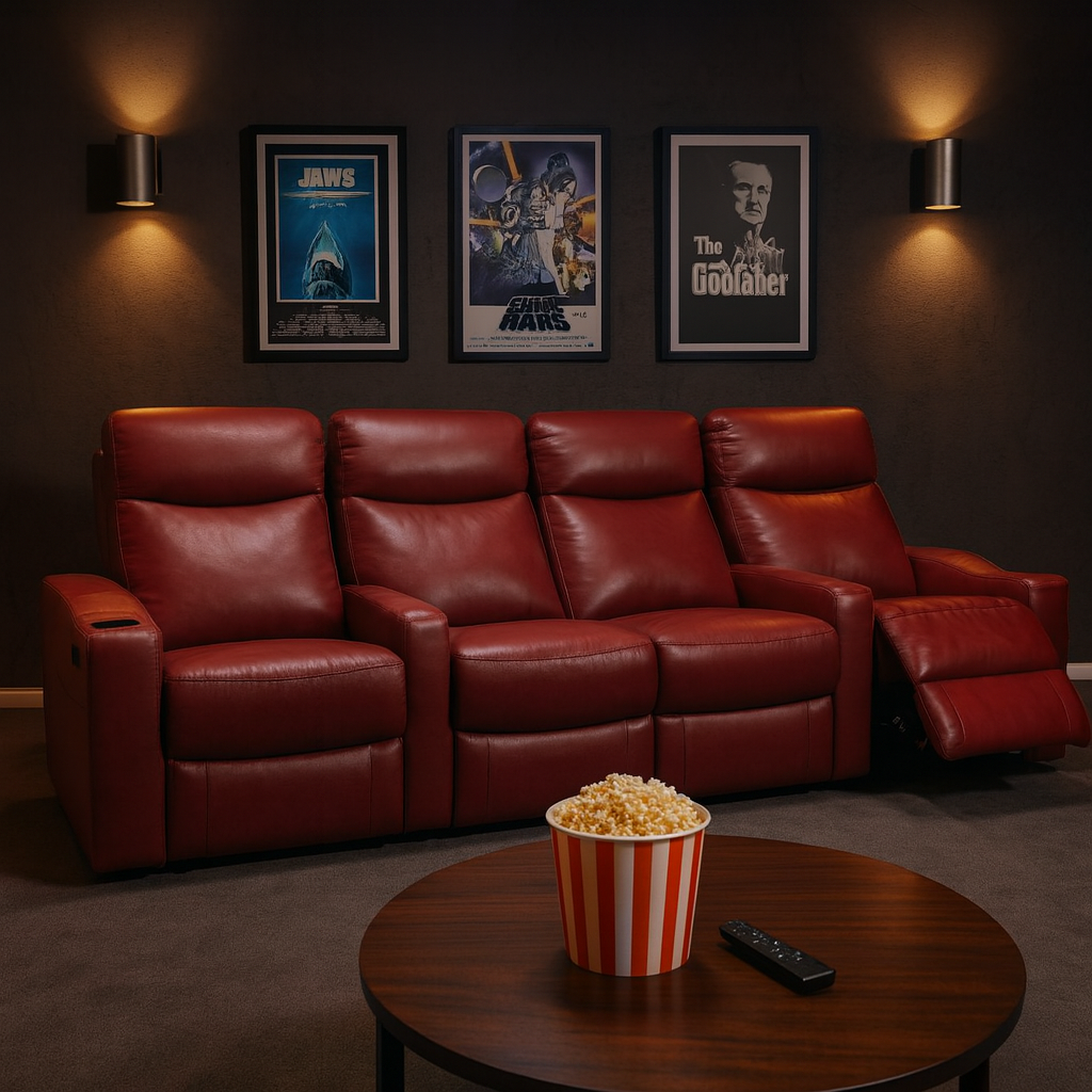 Chicago 4 Seat Home Theatre Genuine Leather Lounge with all Electric Recliners & 4 Cup Holders Red