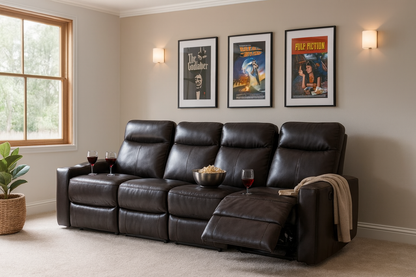 Chicago 4 Seat Home Theatre Genuine Leather Lounge with all Electric Recliners & 4 Cup Holders Brown