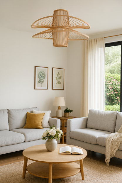 Elysian Breeze Double Natural Hand-Woven Bamboo Double Wide Pendant Lamp Light