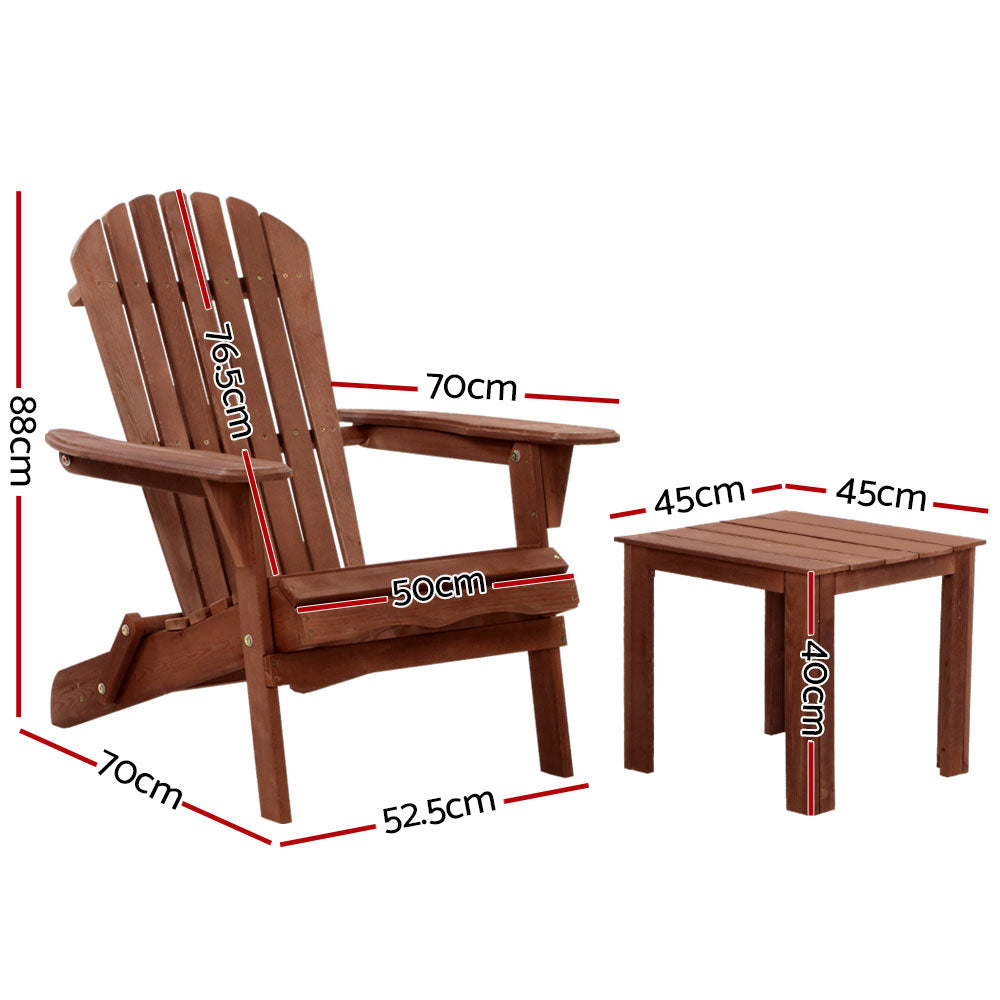 Gardeon 3PC Adirondack Outdoor Table and Chairs Wooden Foldable Beach Chair Brown - TRENDZ