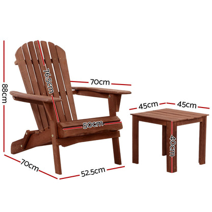 Gardeon 3PC Adirondack Outdoor Table and Chairs Wooden Foldable Beach Chair Brown - TRENDZ