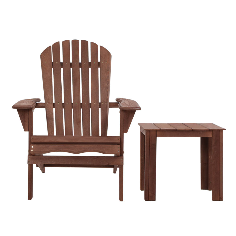 Gardeon 3PC Adirondack Outdoor Table and Chairs Wooden Foldable Beach Chair Brown - TRENDZ