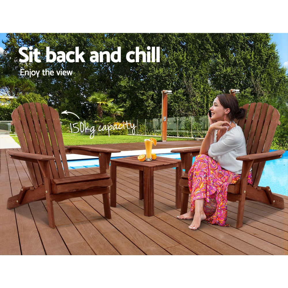 Gardeon 3PC Adirondack Outdoor Table and Chairs Wooden Foldable Beach Chair Brown - TRENDZ