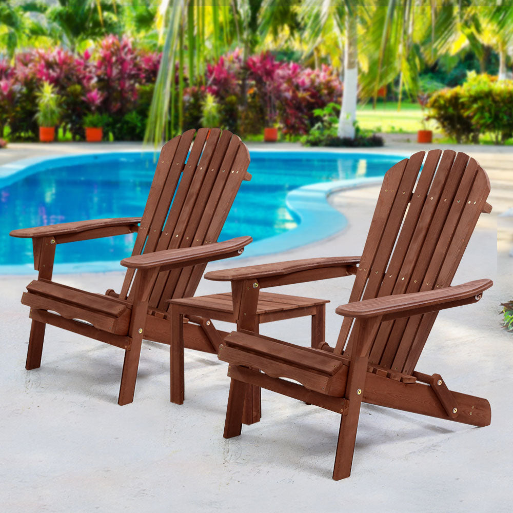 Gardeon 3PC Adirondack Outdoor Table and Chairs Wooden Foldable Beach Chair Brown - TRENDZ