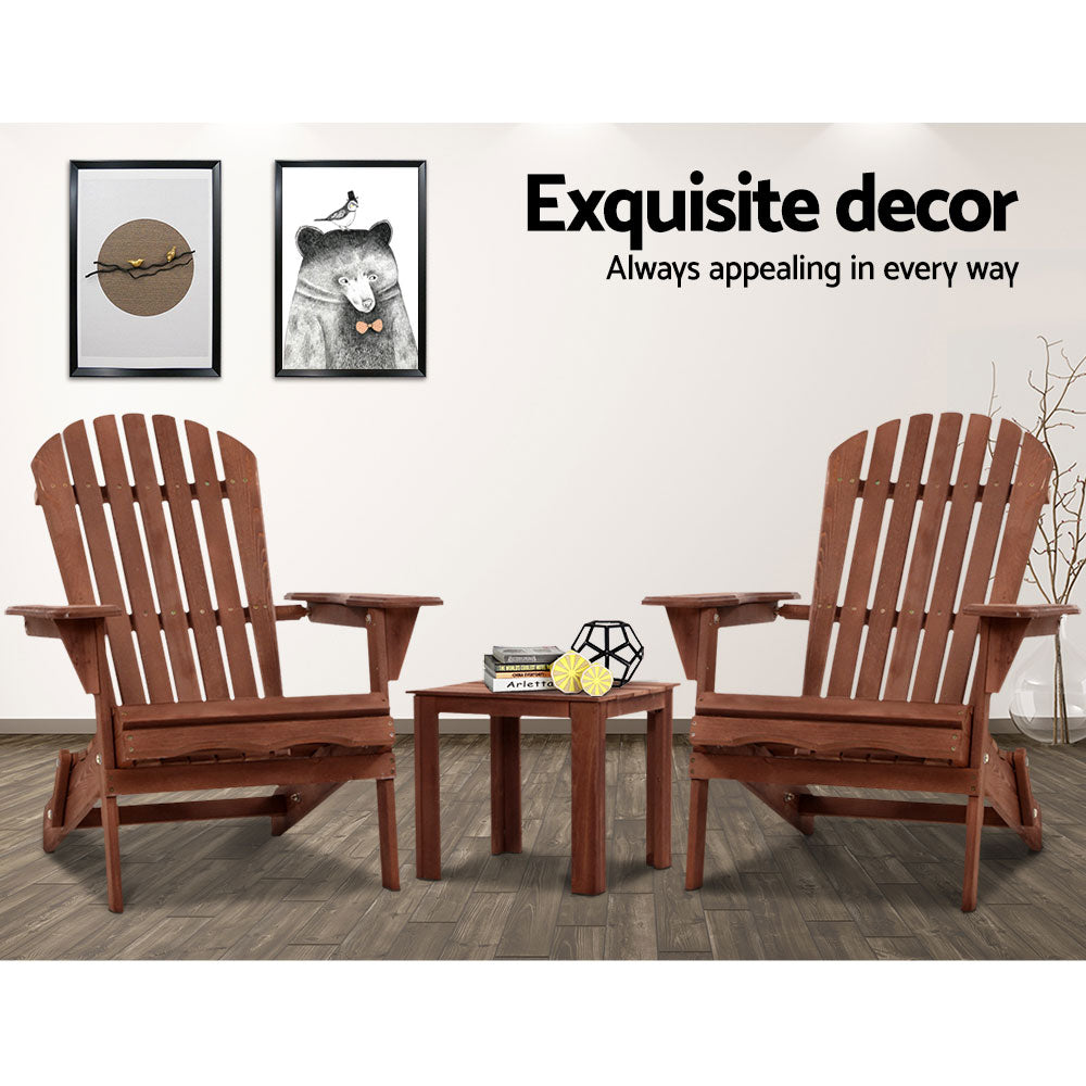 Gardeon 3PC Adirondack Outdoor Table and Chairs Wooden Foldable Beach Chair Brown - TRENDZ