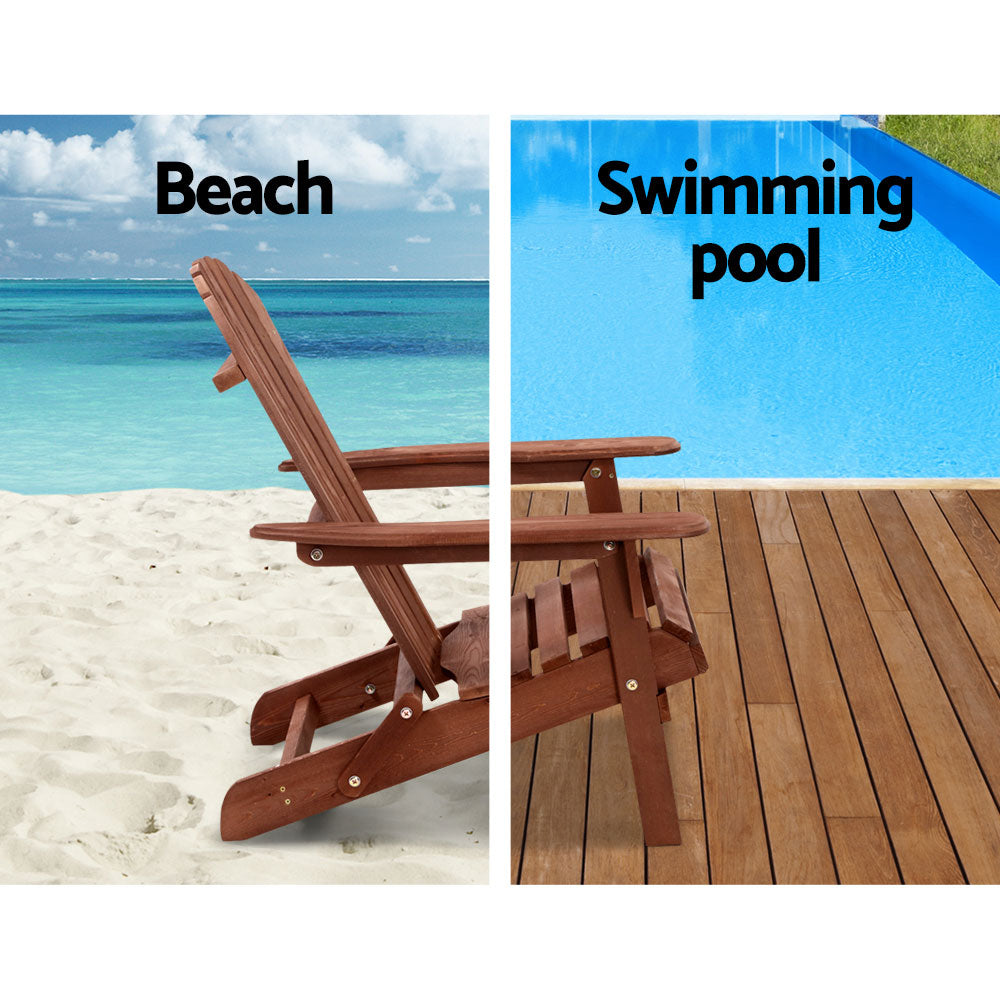 Gardeon 3PC Adirondack Outdoor Table and Chairs Wooden Foldable Beach Chair Brown - TRENDZ
