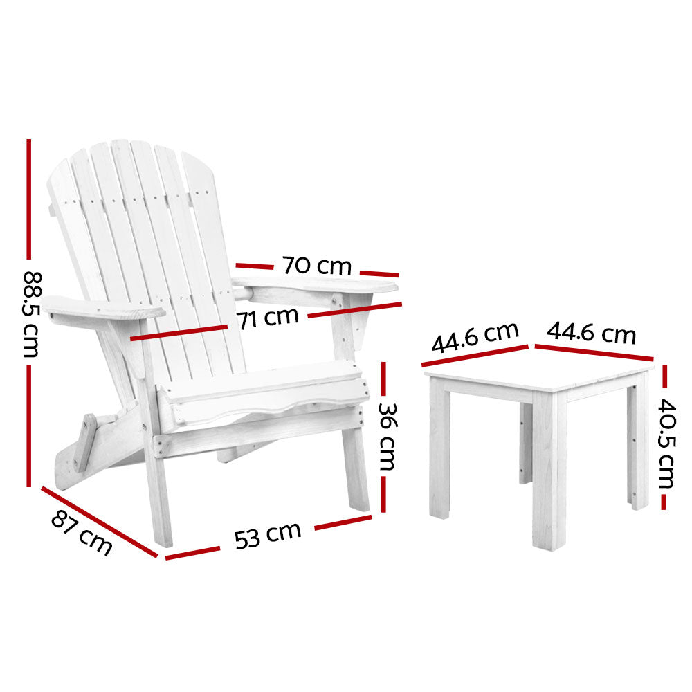 Gardeon 3PC Adirondack Outdoor Table and Chairs Wooden Foldable Beach Chair White - TRENDZ