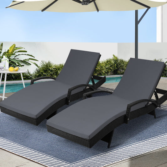Gardeon 2PC Sun Lounge Wicker Lounger Outdoor Furniture Beach Chair Patio Adjustable Cushion Black - TRENDZ